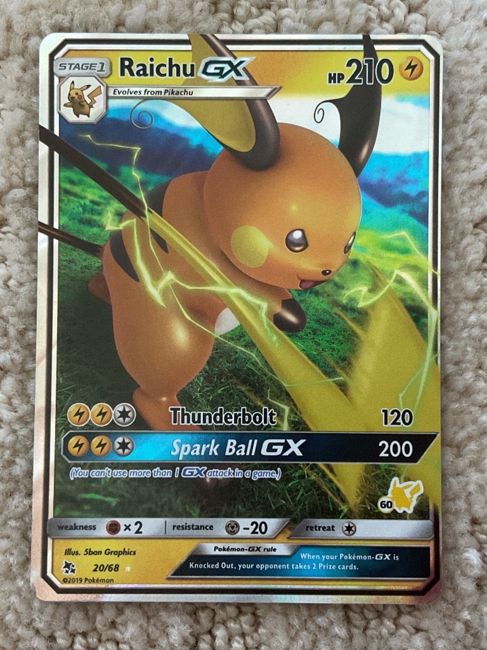Pokémon TCG Raichu GX 20/68 Ultra Rare Holo Hidden Fates NM